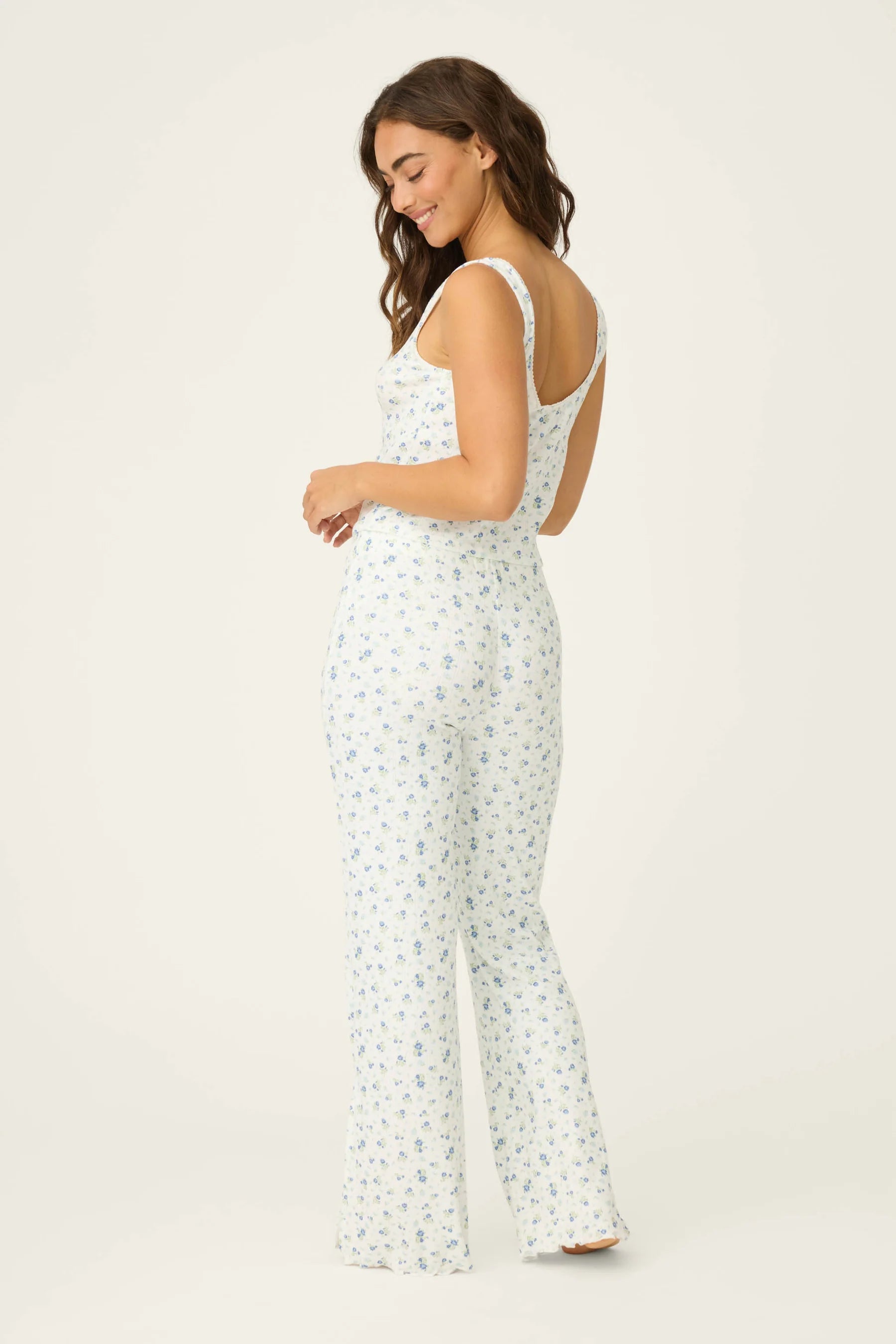 tank top and pant pj set in white with blue floral print