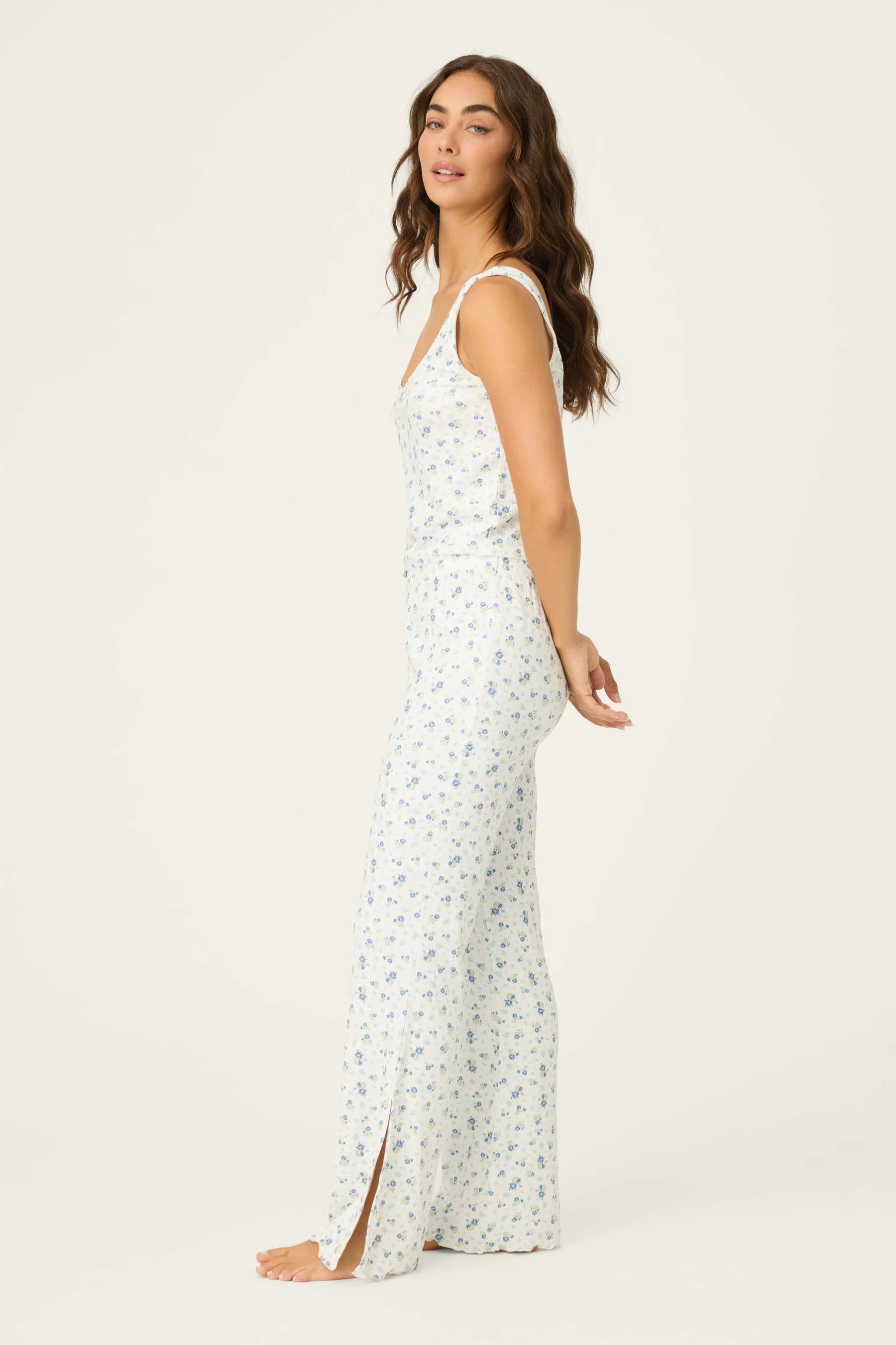 tank top and pant pj set in white with blue floral print
