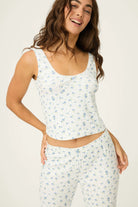 tank top and pant pj set in white with blue floral print
