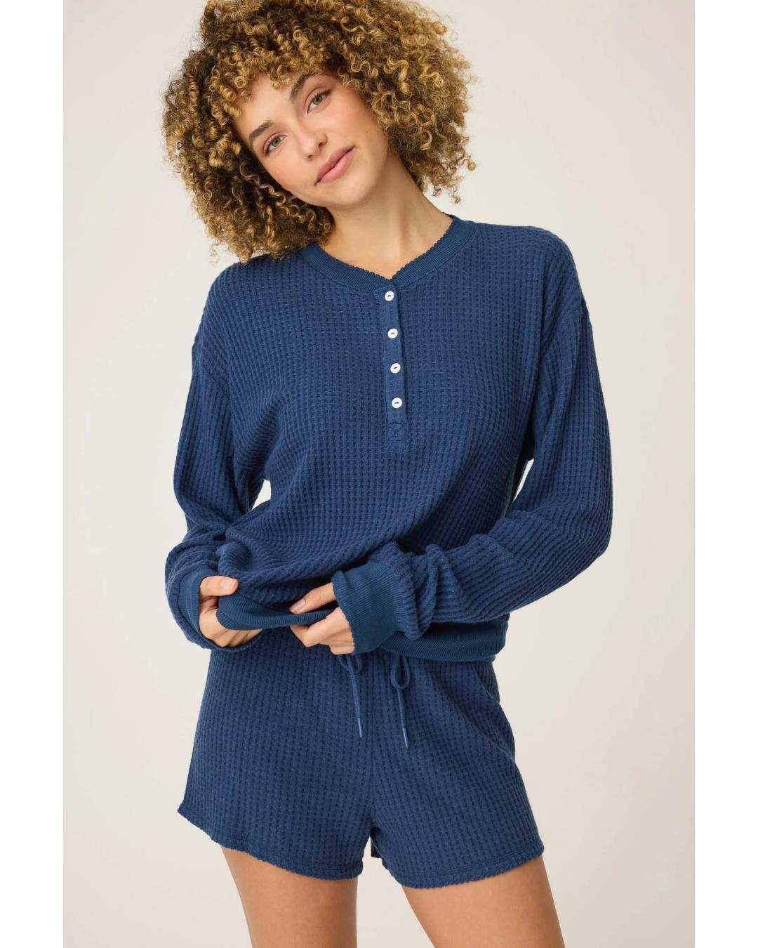 lounge waffle shirt in navy with four buttons down half the shirt