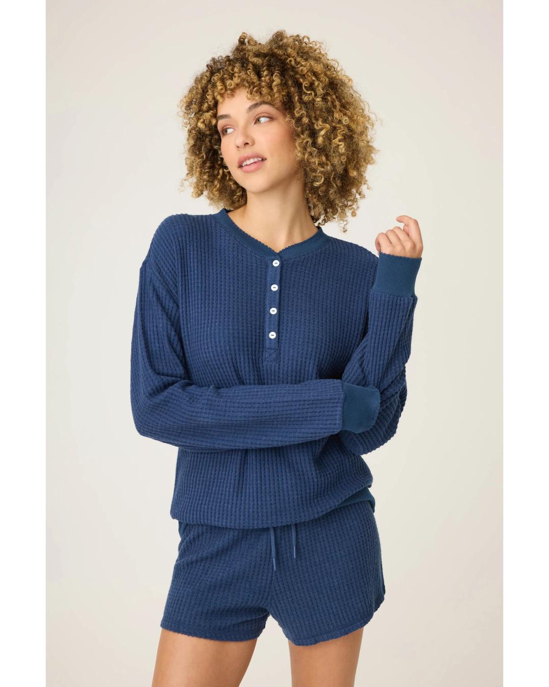 lounge waffle shirt in navy with four buttons down half the shirt