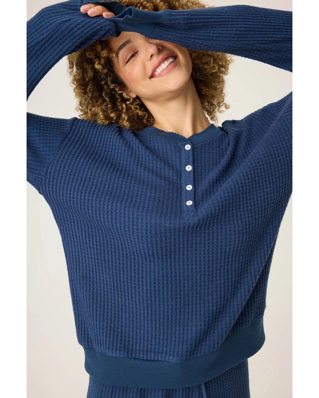 lounge waffle shirt in navy with four buttons down half the shirt