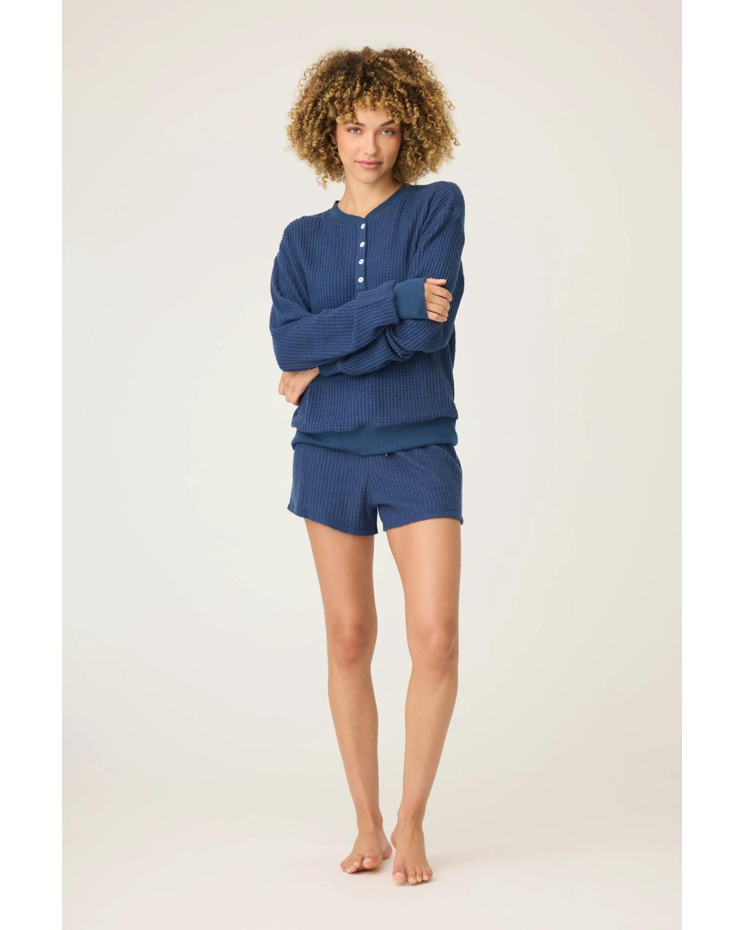 lounge waffle shirt in navy with four buttons down half the shirt