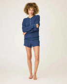 lounge waffle shirt in navy with four buttons down half the shirt