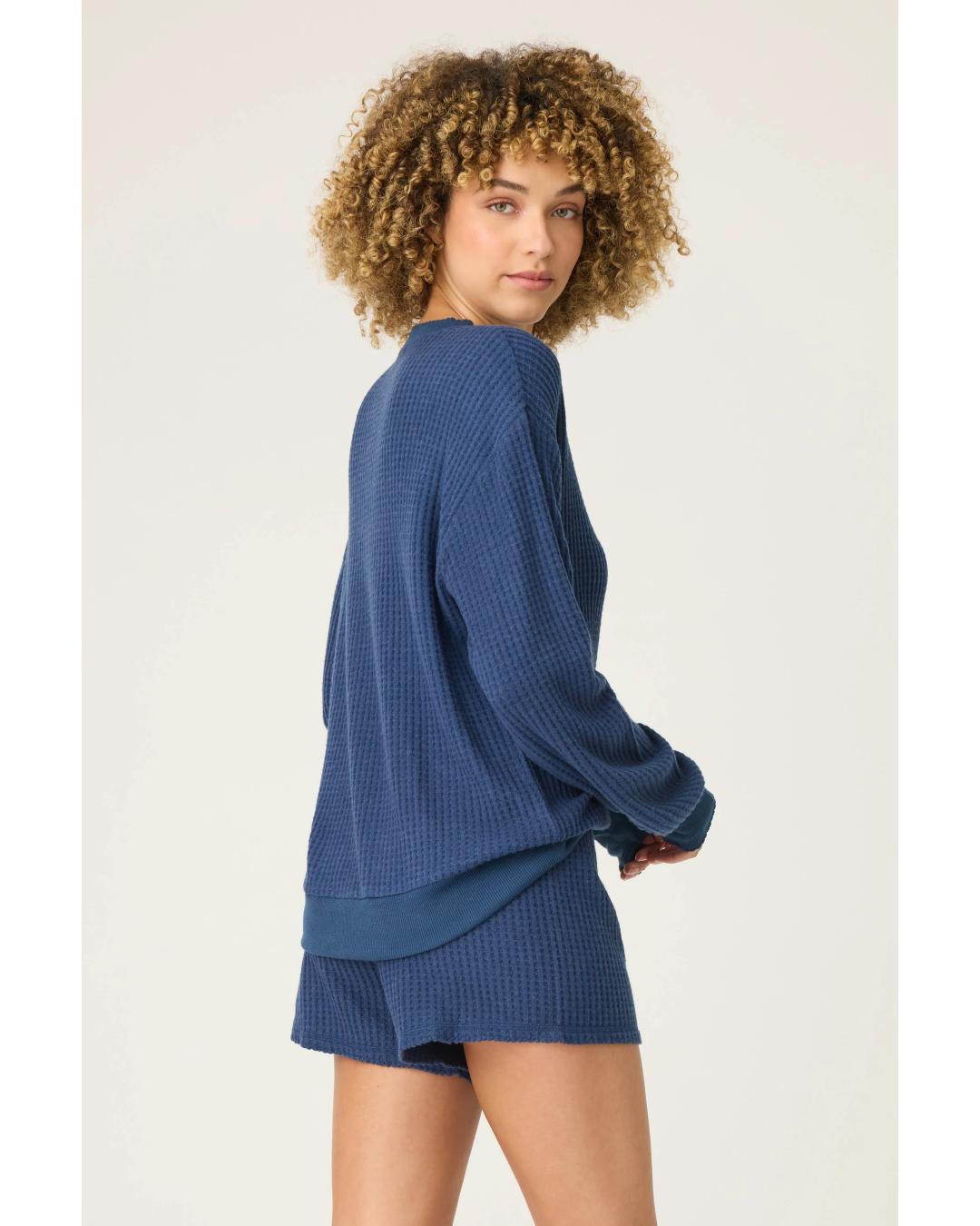 lounge waffle shirt in navy with four buttons down half the shirt