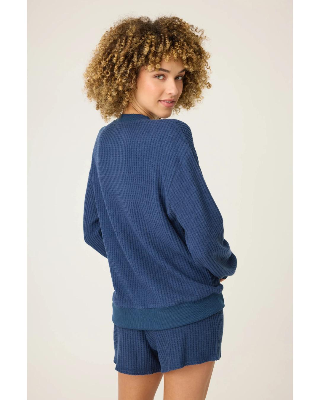 lounge waffle shirt in navy with four buttons down half the shirt