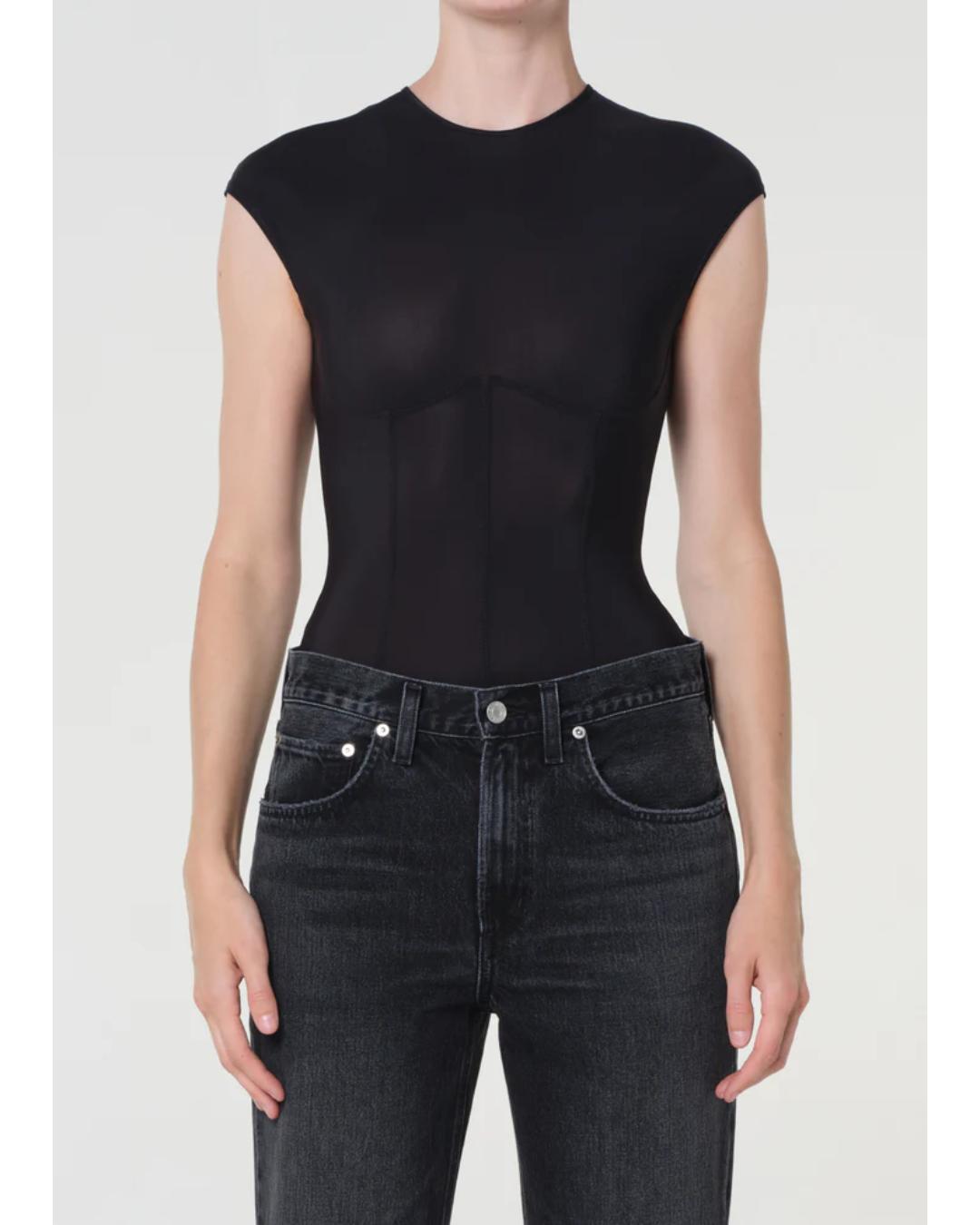 black bodysuit with a corset design 