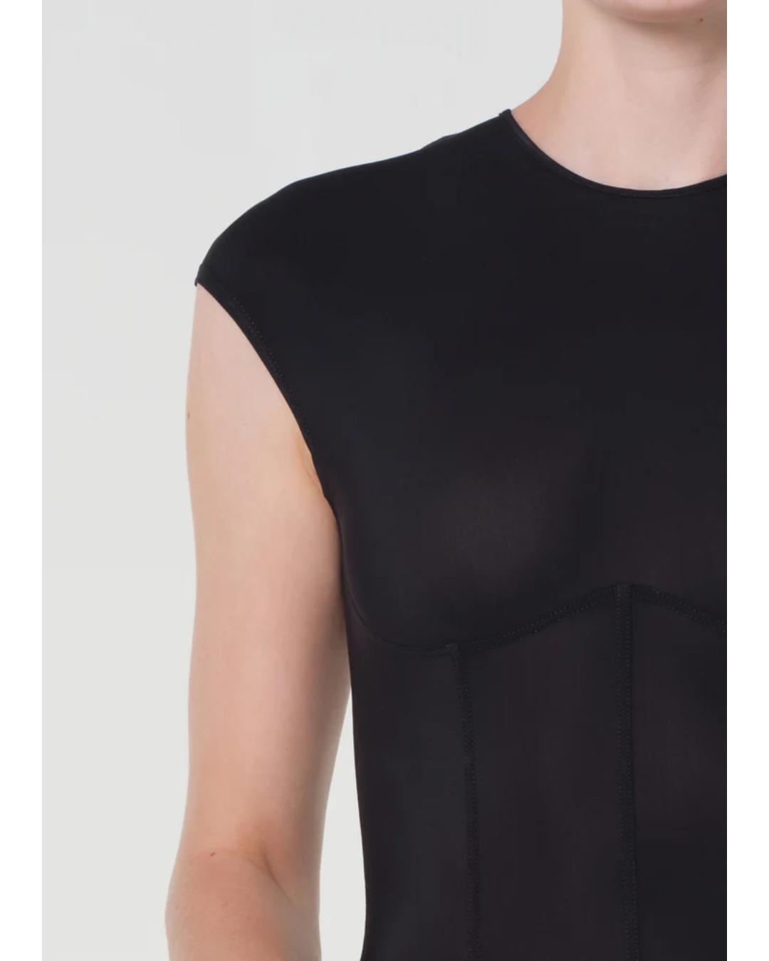 black bodysuit with a corset design