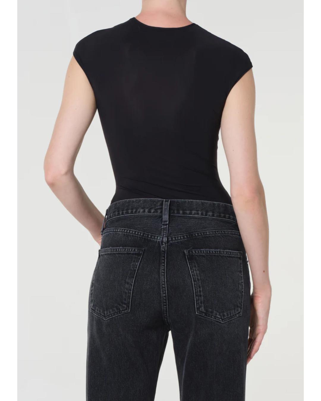 black bodysuit with a corset design