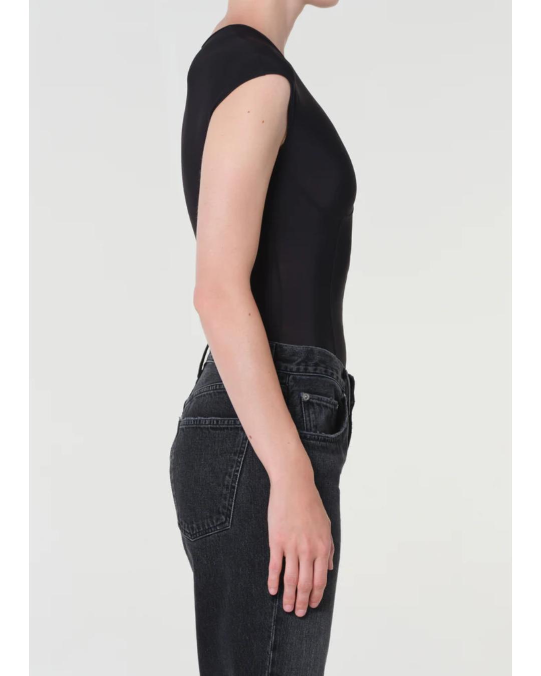 black bodysuit with a corset design