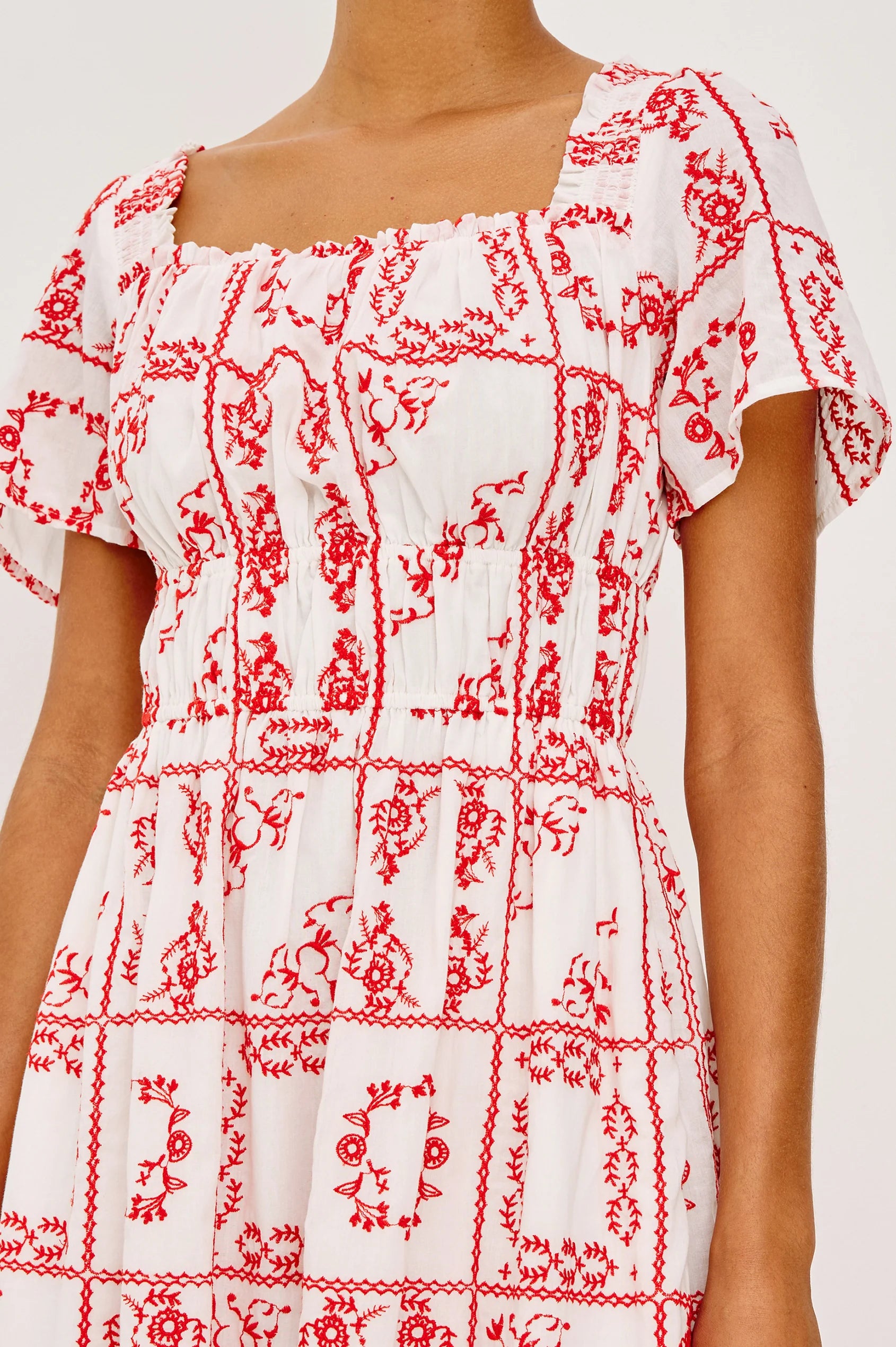 midi dress in red and white