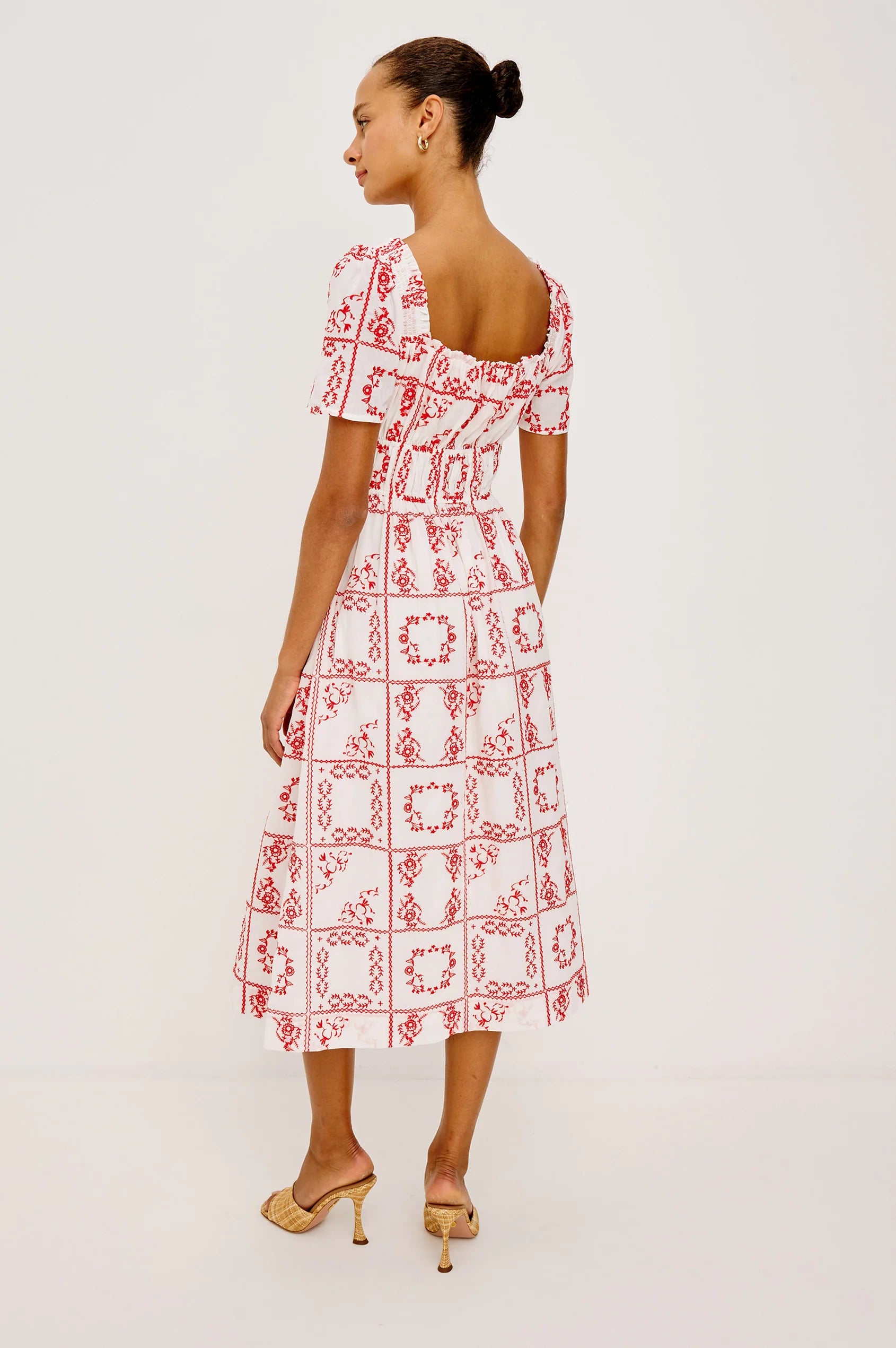 midi dress in red and white