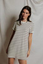 terry short sleeve dress in cream and brown stripe