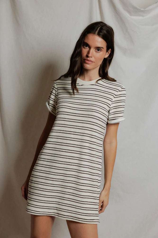 terry short sleeve dress in cream and brown stripe