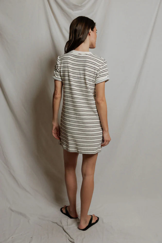 terry short sleeve dress in cream and brown stripe