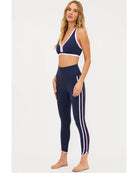 navy leggings with pink and white stripe
