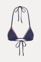 blue triangle bikini top with pink beads