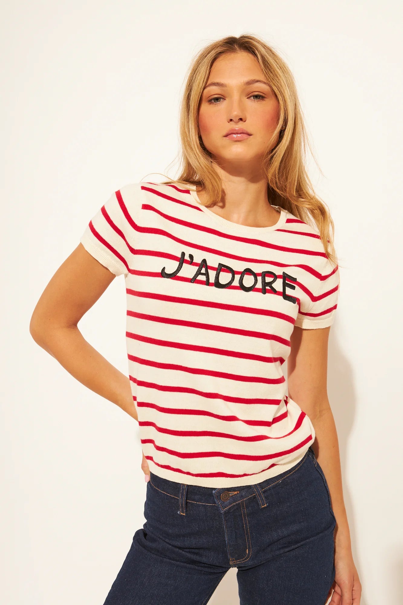 red and white stripe t-shirt with j'adore in writting