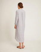 long linen button down dress in black and white stripe