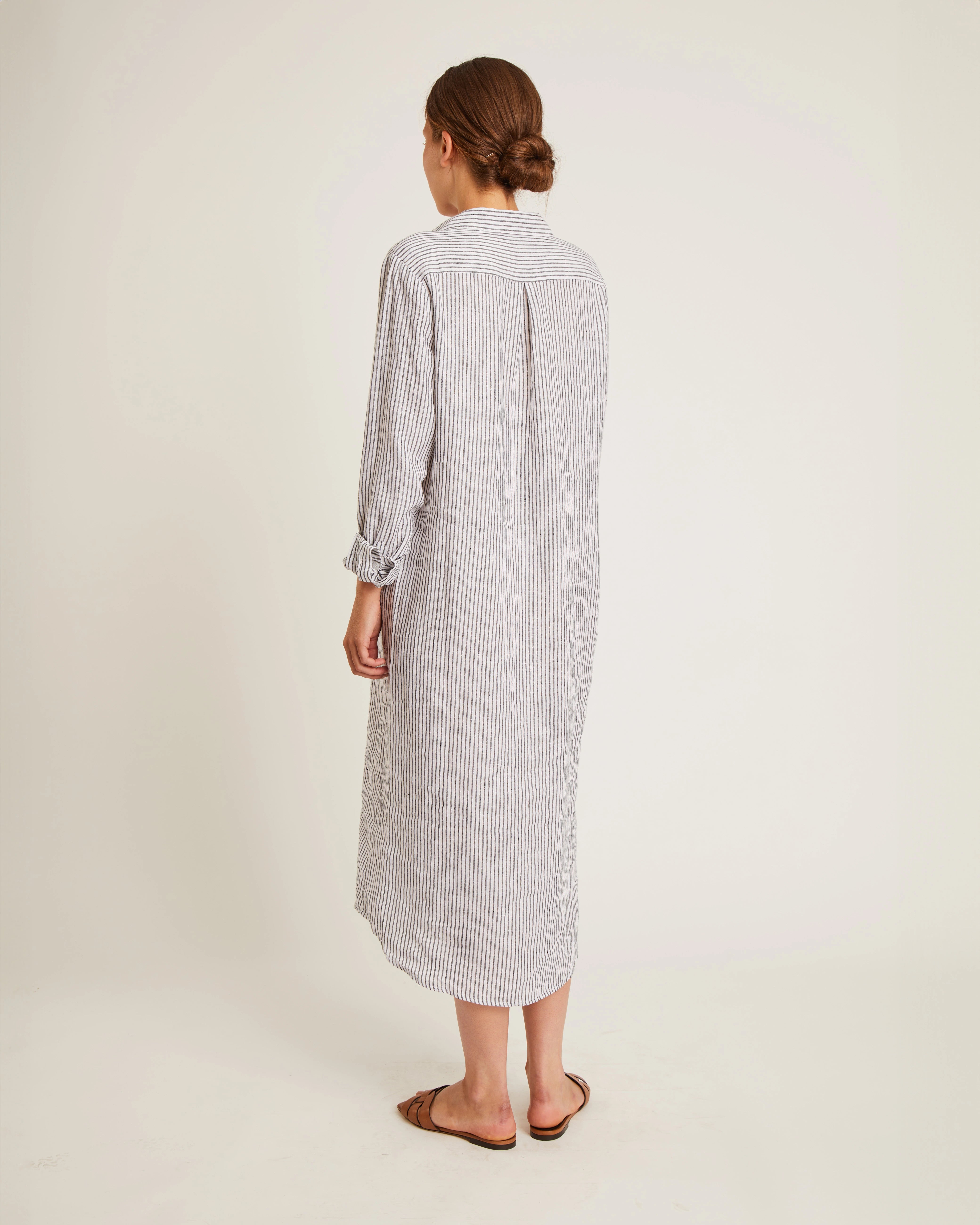 long linen button down dress in black and white stripe