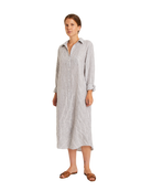 long linen button down dress in black and white stripe