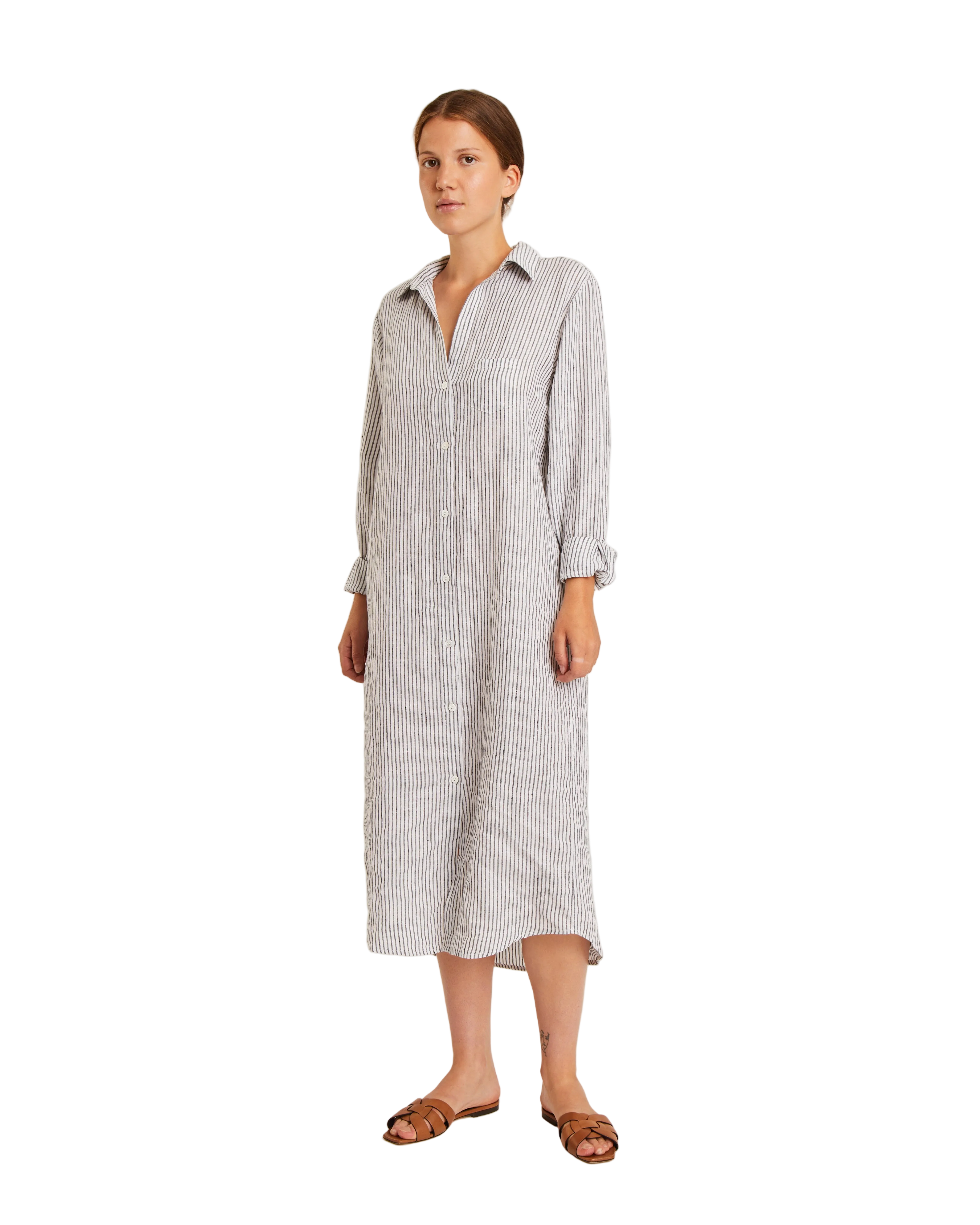 long linen button down dress in black and white stripe