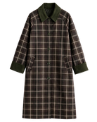 A long-line plaid coat with a dark brown base, cream-colored grid lines, and solid dark green collar, cuffs, and button accents