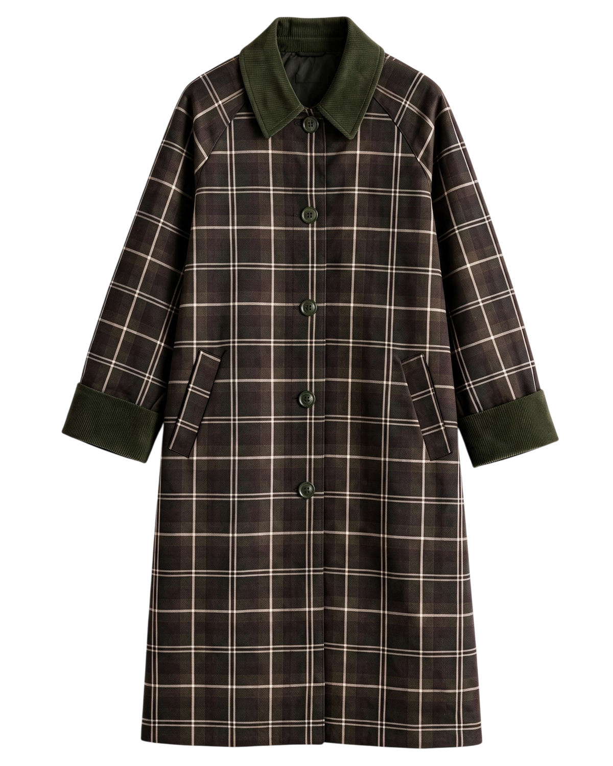 A long-line plaid coat with a dark brown base, cream-colored grid lines, and solid dark green collar, cuffs, and button accents