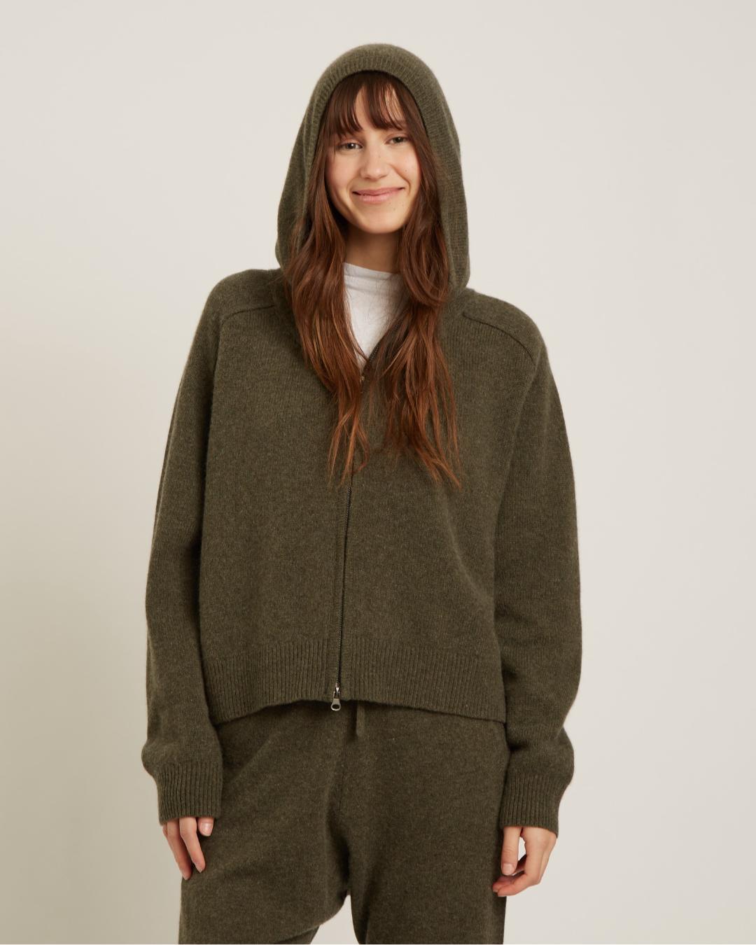 knit zip up hoodie in green