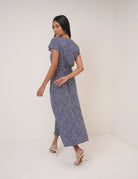 blue midi dress in blue with small white polka dots