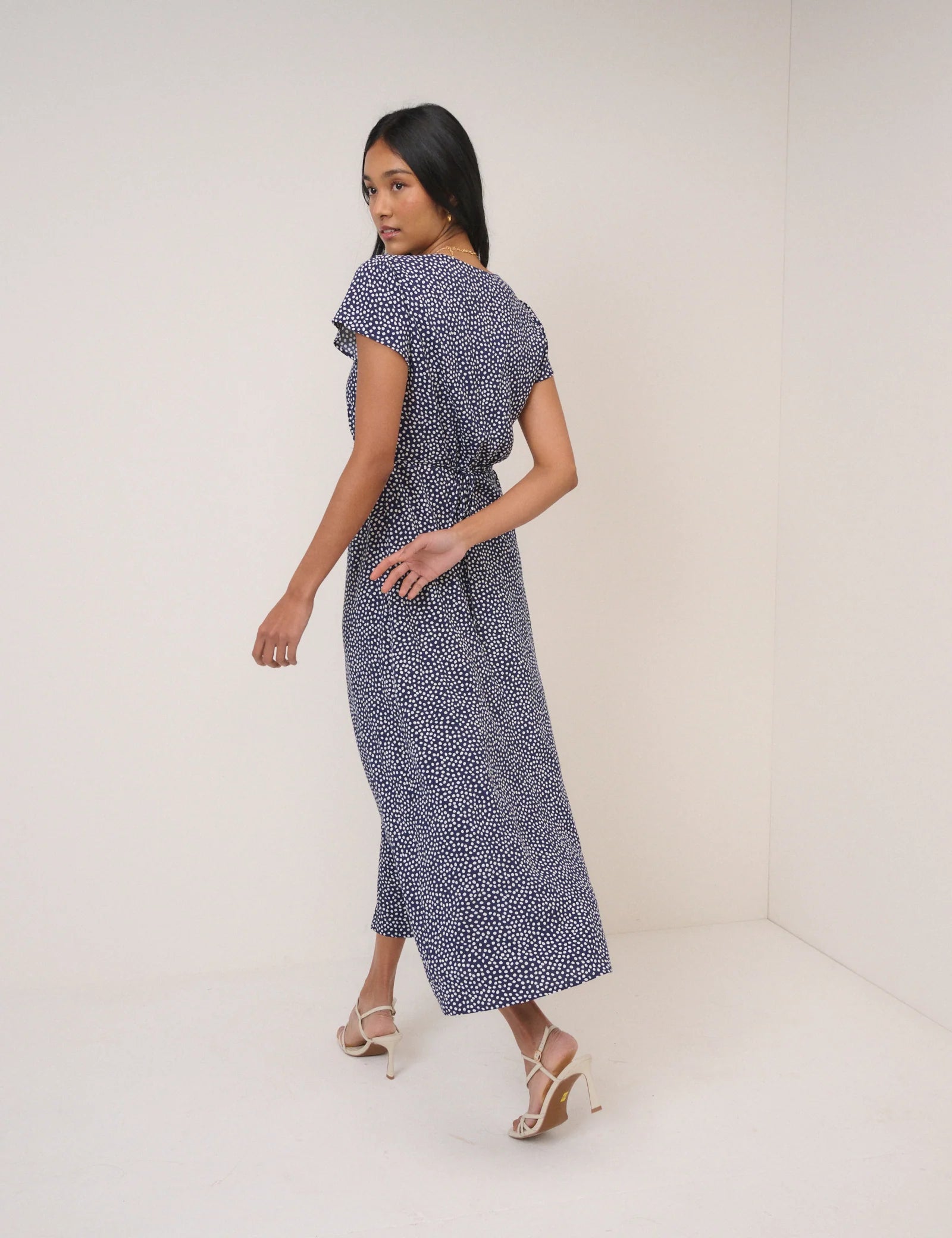 blue midi dress in blue with small white polka dots