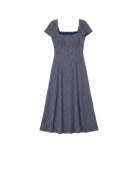 blue midi dress in blue with small white polka dots