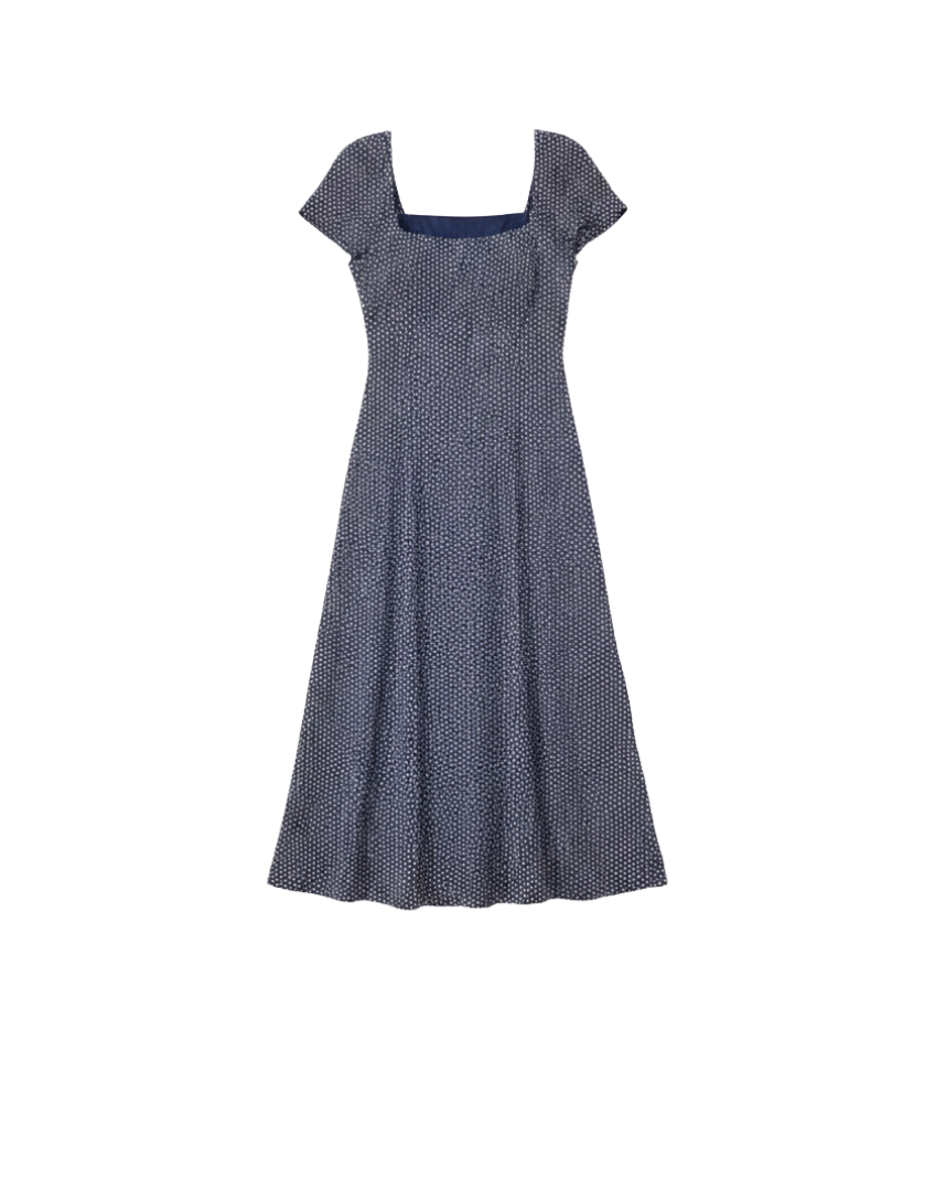 blue midi dress in blue with small white polka dots