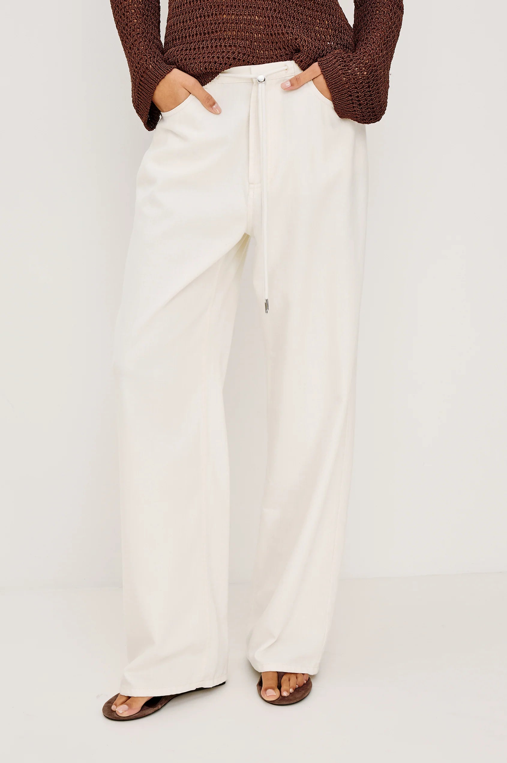 wide leg pant in ivory with a drawstring