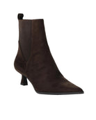 brown suede angle boot with a kitten heel
