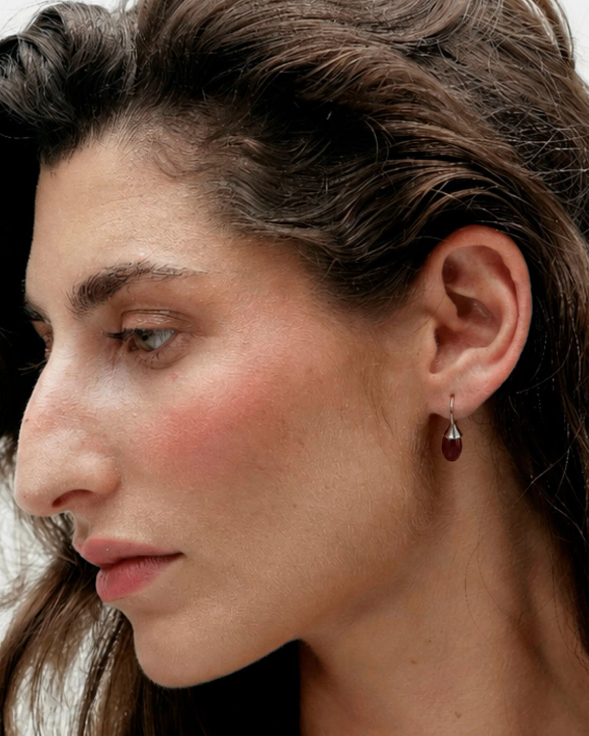 silver drop earring with red stone