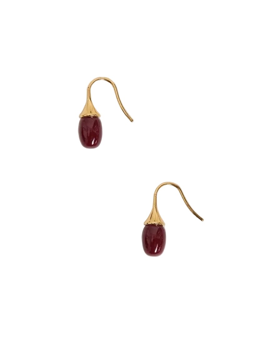 gold drop earring with accent red stone