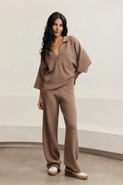 t-shirt in light brown with a v-neck and collar