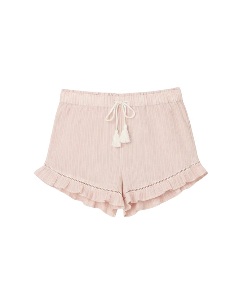 pj short in like pink with a tie and ruffle leg