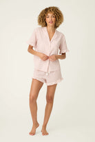 short sleeve pj top with ruffle sleeve and buttons down the front