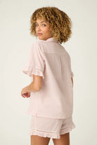 short sleeve pj top with ruffle sleeve and buttons down the front