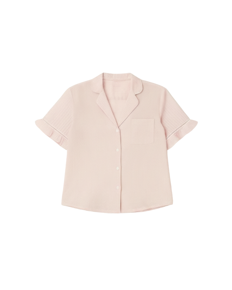 short sleeve pj top with ruffle sleeve and buttons down the front
