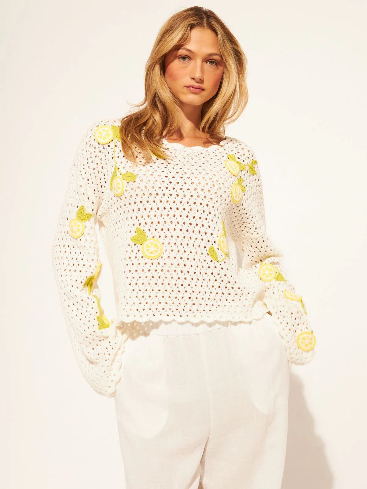 crochet white sweater with yellow lemons