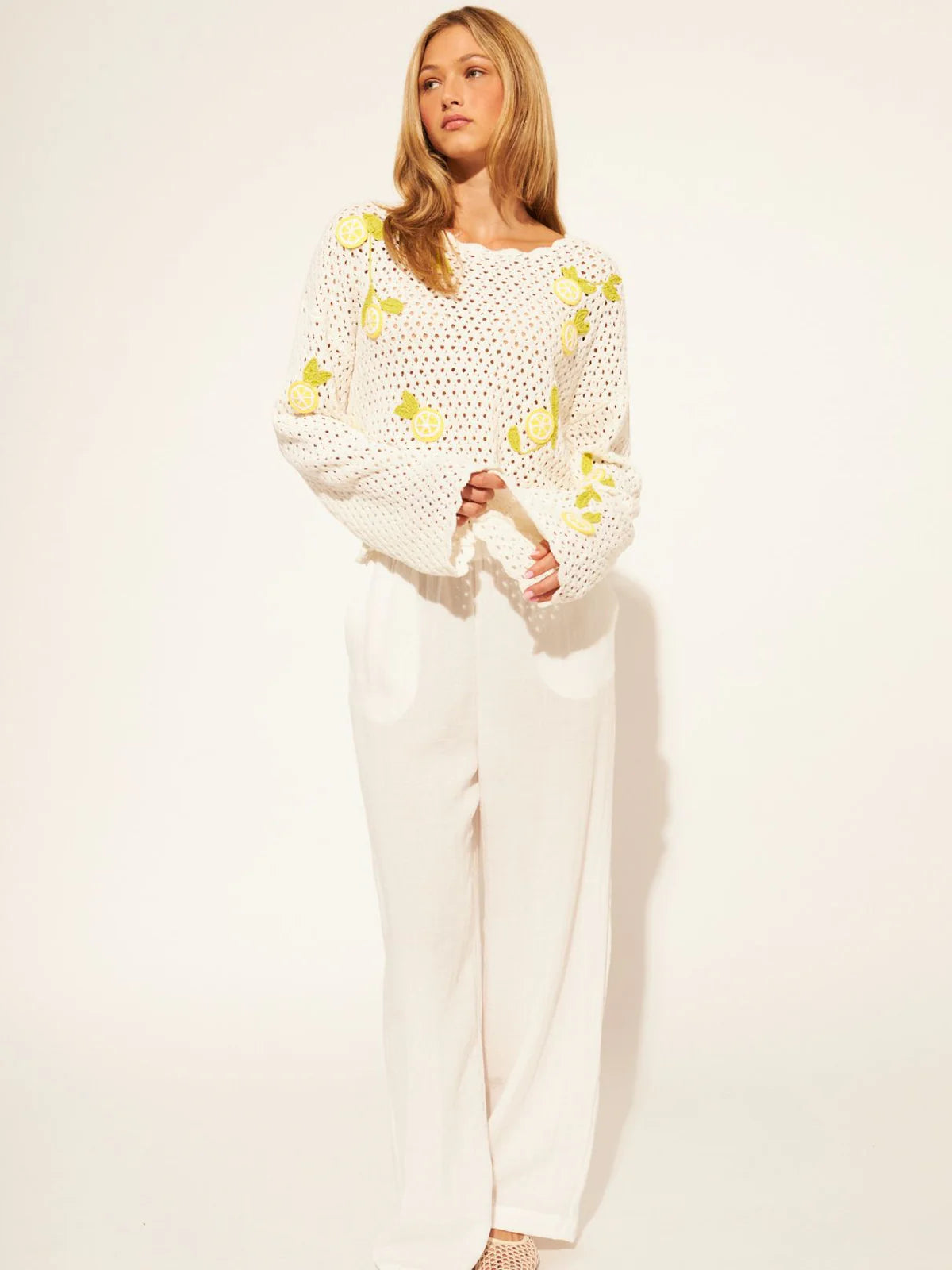 crochet white sweater with yellow lemons
