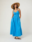 blue midi dress with ruched top