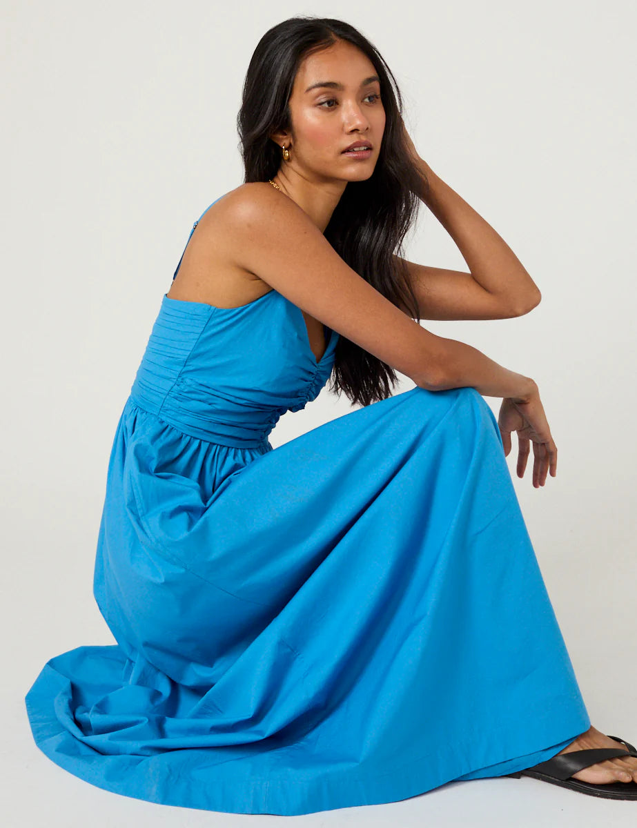 blue midi dress with ruched top