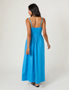 blue midi dress with ruched top