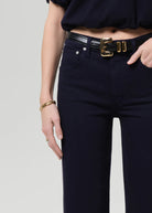 navy denim straight jeans