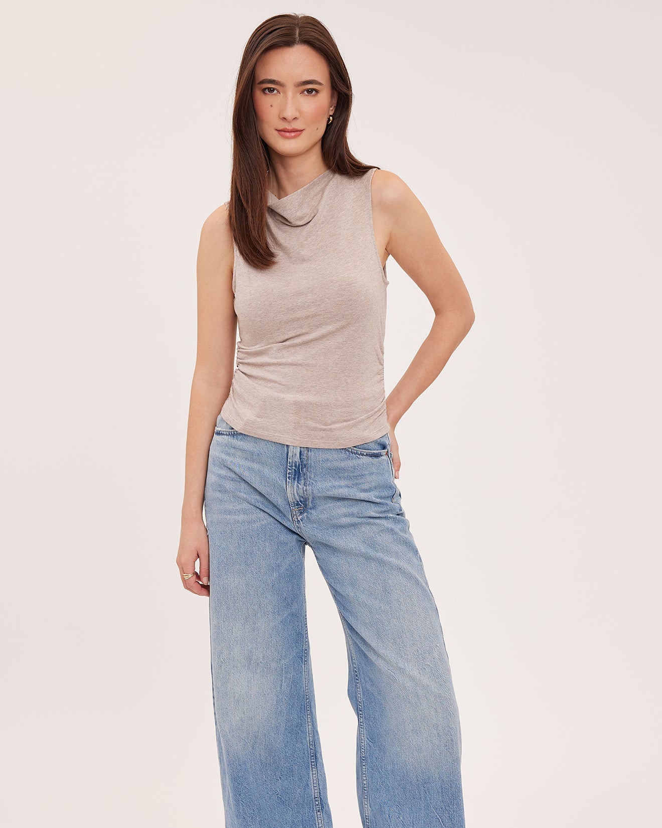 beige tank top with cowl neck