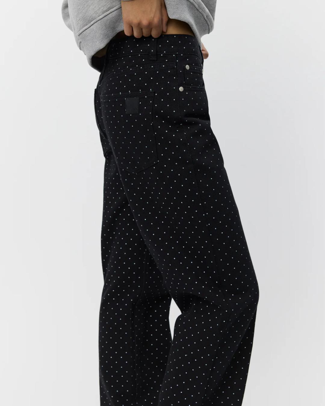 black relaxed jean with rhinestones all over